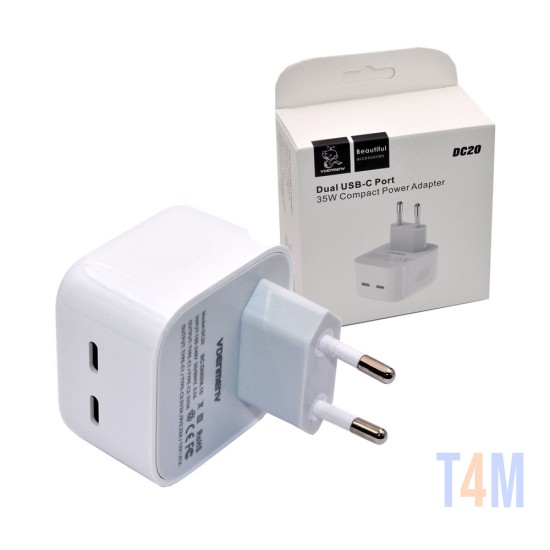 Adaptador Denmen DC20 USB C Duplo 35W 3.0A Branco